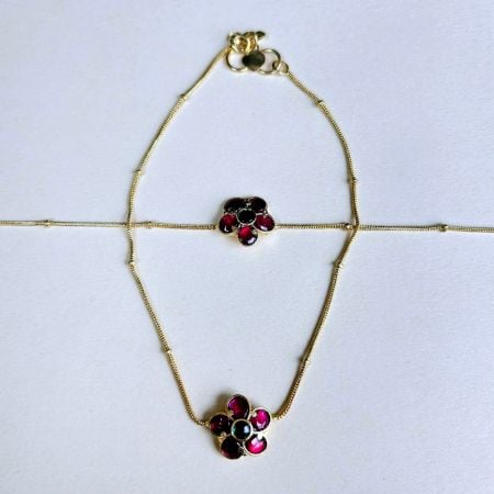 Handmade Brass Metal Jewellery Floral Stone Anklet Pair